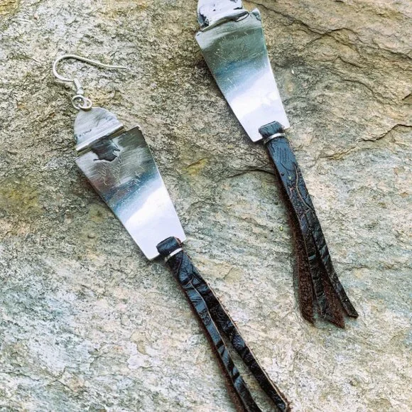 OOAK Sterling Silver/Gold Filled Panels/Oval Turquoise/Leather Tassel Earrings - Picture 7 of 7